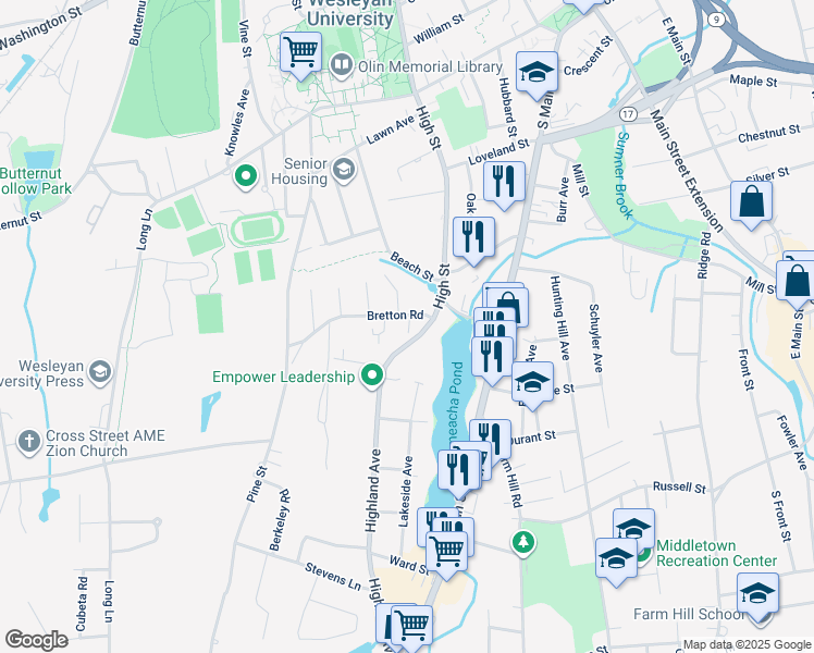 map of restaurants, bars, coffee shops, grocery stores, and more near 150 Highland Avenue in Middletown