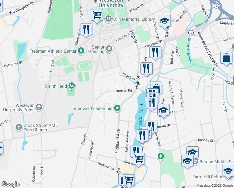 map of restaurants, bars, coffee shops, grocery stores, and more near 137 Highland Avenue in Middletown