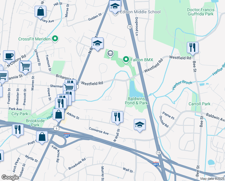 map of restaurants, bars, coffee shops, grocery stores, and more near 145 Harbor Pond Drive in Meriden