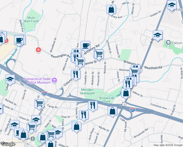 map of restaurants, bars, coffee shops, grocery stores, and more near 61 Webster Street in Meriden