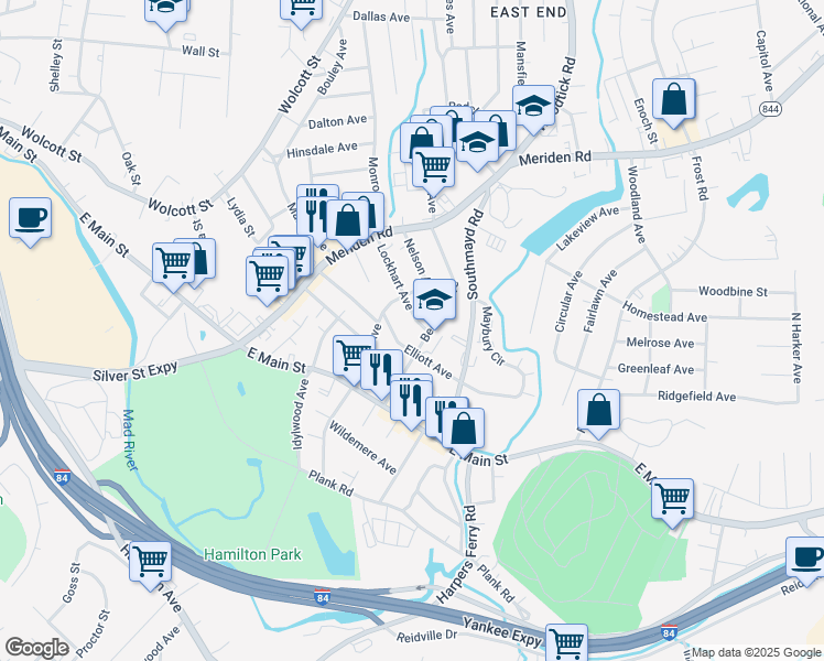 map of restaurants, bars, coffee shops, grocery stores, and more near 95 Beecher Avenue in Waterbury