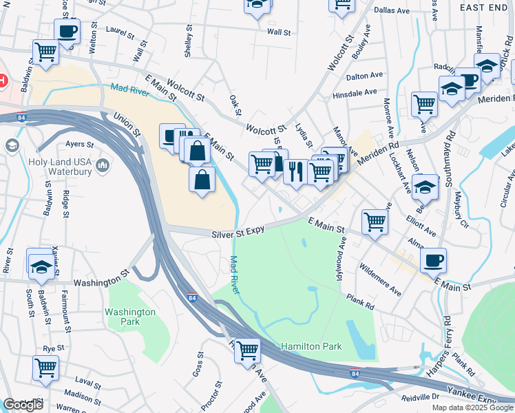 map of restaurants, bars, coffee shops, grocery stores, and more near 39 Silver Street in Waterbury