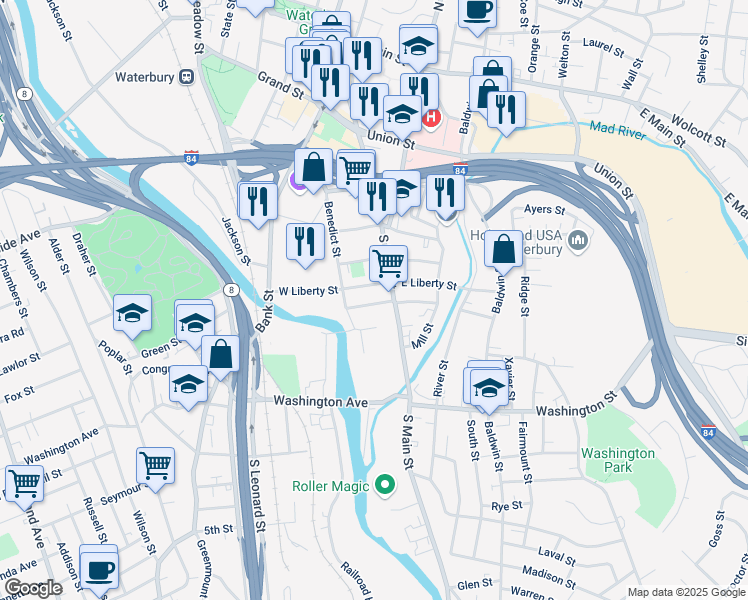 map of restaurants, bars, coffee shops, grocery stores, and more near 56 Jewelry Street in Waterbury