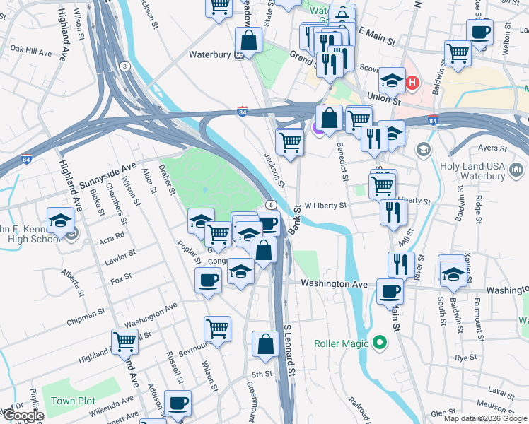 map of restaurants, bars, coffee shops, grocery stores, and more near 10 Green Street in Waterbury
