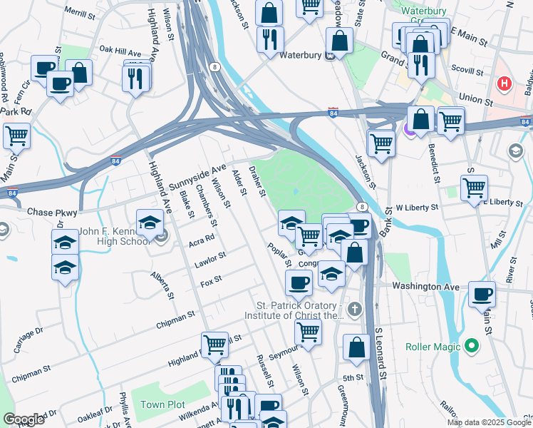 map of restaurants, bars, coffee shops, grocery stores, and more near 148 Alder Street in Waterbury