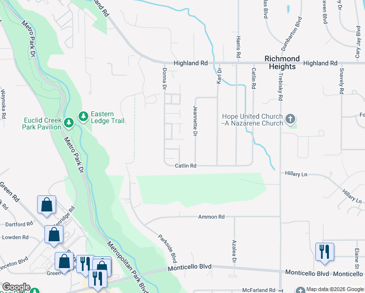 map of restaurants, bars, coffee shops, grocery stores, and more near 597 Dade Lane in Richmond Heights