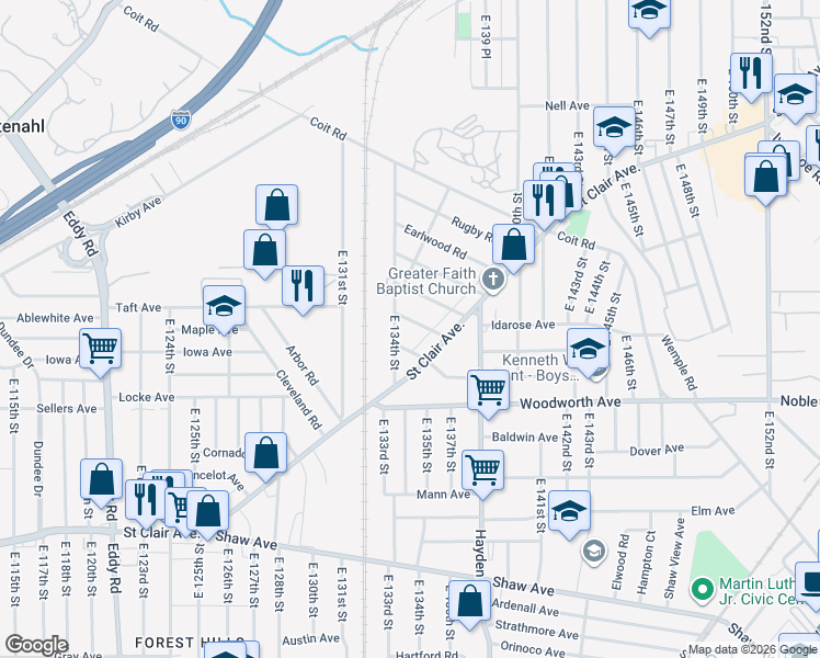 map of restaurants, bars, coffee shops, grocery stores, and more near 13413 Glenside Road in Cleveland