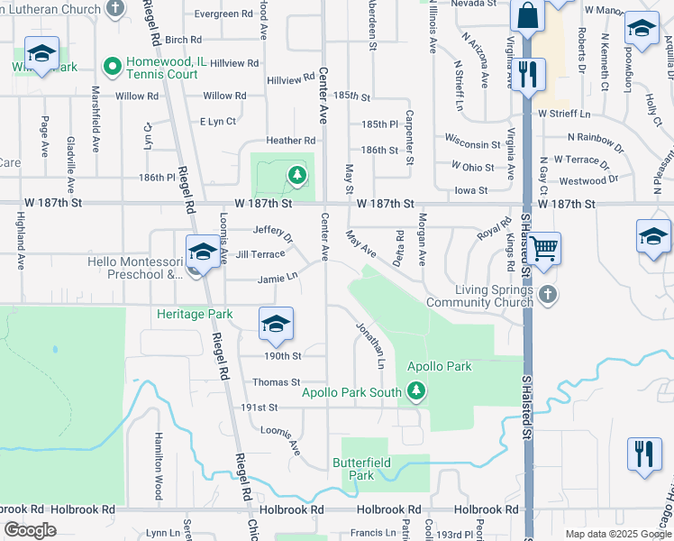 map of restaurants, bars, coffee shops, grocery stores, and more near 18835 Center Avenue in Homewood
