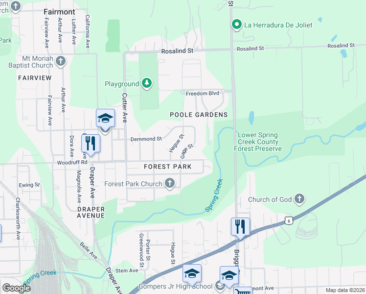 map of restaurants, bars, coffee shops, grocery stores, and more near 1207 Gage Street in Joliet