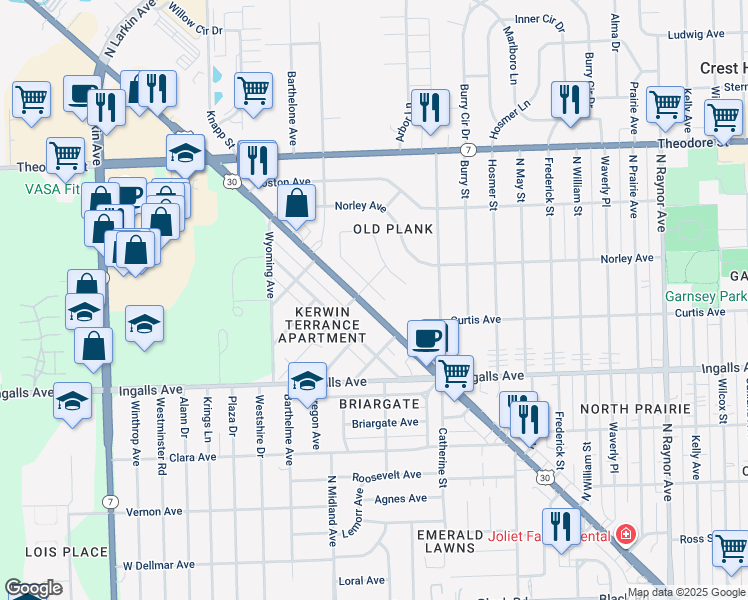 map of restaurants, bars, coffee shops, grocery stores, and more near 1316 Plainfield Road in Joliet