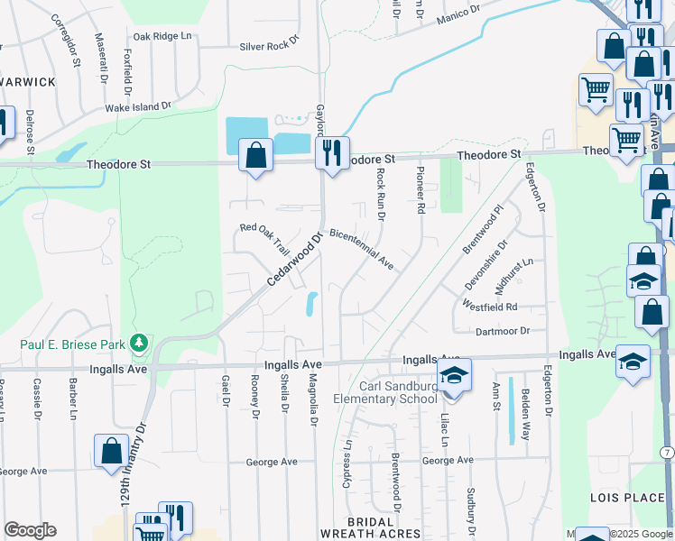 map of restaurants, bars, coffee shops, grocery stores, and more near 1316 Cedarwood Drive in Crest Hill