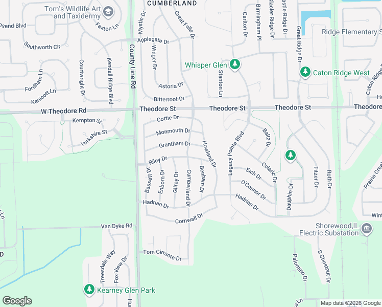 map of restaurants, bars, coffee shops, grocery stores, and more near 6908 Riley Drive in Joliet