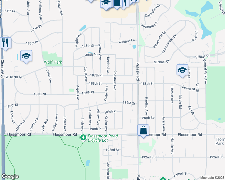 map of restaurants, bars, coffee shops, grocery stores, and more near 18828 Chestnut Avenue in Country Club Hills
