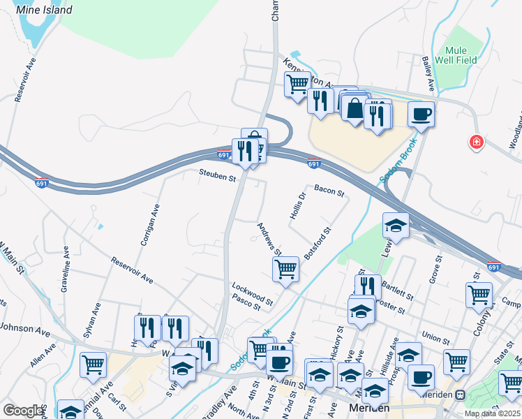 map of restaurants, bars, coffee shops, grocery stores, and more near 24 Edgewood Place in Meriden
