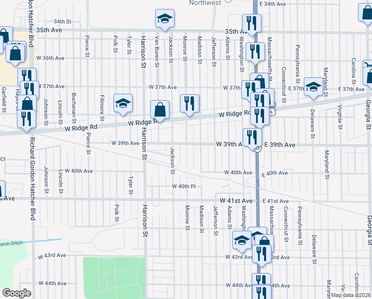 map of restaurants, bars, coffee shops, grocery stores, and more near 3924 Madison Street in Gary