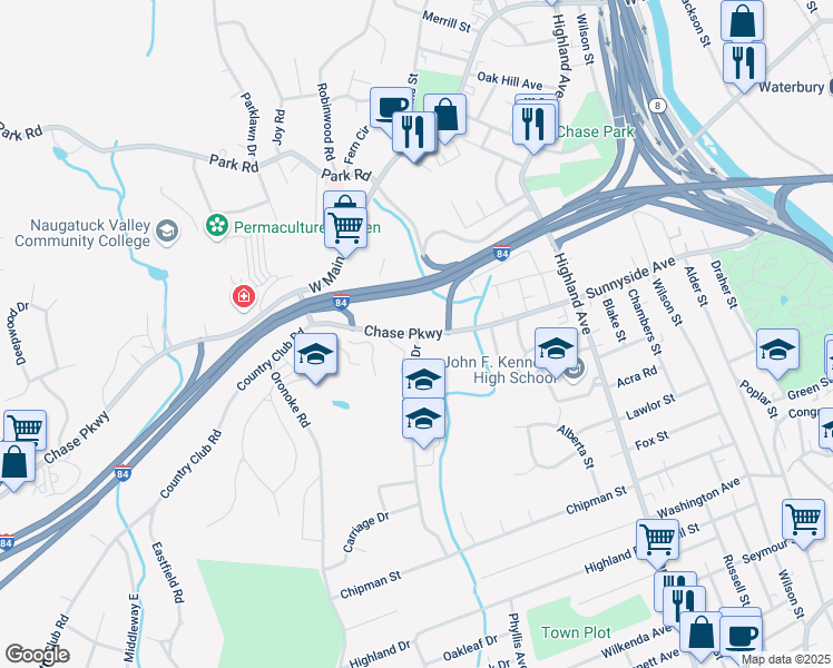 map of restaurants, bars, coffee shops, grocery stores, and more near 500 Chase Parkway in Waterbury