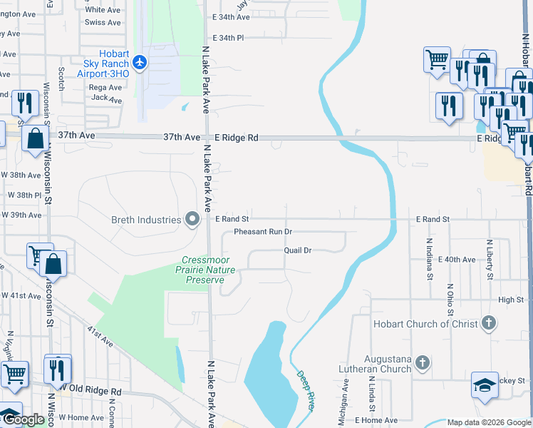 map of restaurants, bars, coffee shops, grocery stores, and more near 223 E Rand St in Hobart