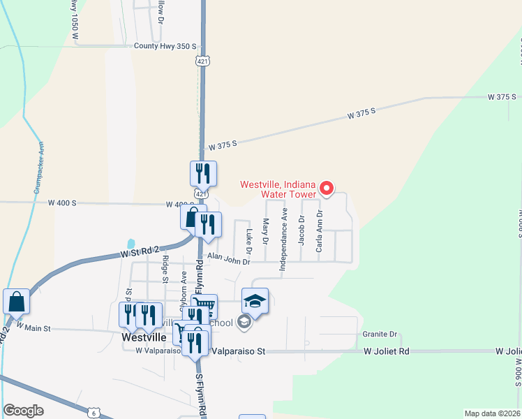 map of restaurants, bars, coffee shops, grocery stores, and more near 801 Mary Drive in Westville