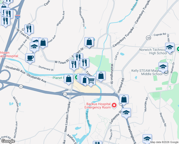 map of restaurants, bars, coffee shops, grocery stores, and more near 51 Town Street in Norwich