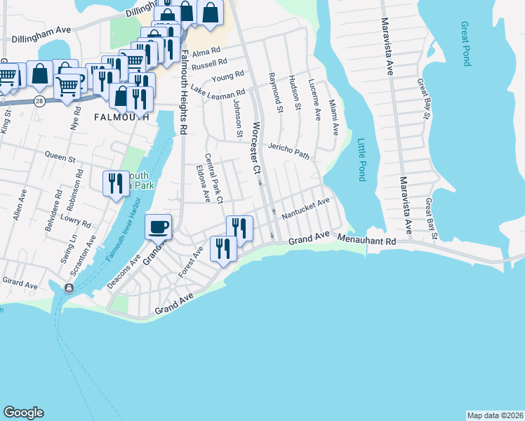 map of restaurants, bars, coffee shops, grocery stores, and more near 79 Grand Avenue in Falmouth
