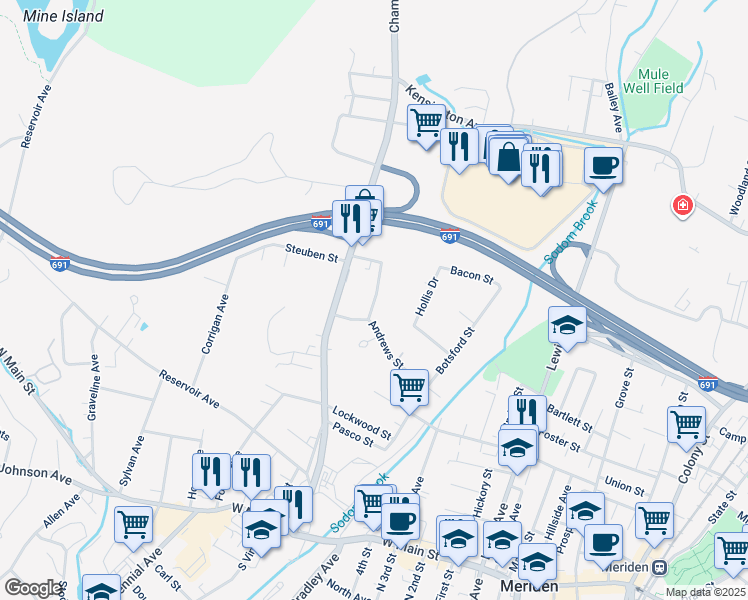 map of restaurants, bars, coffee shops, grocery stores, and more near 26 Edgewood Place in Meriden