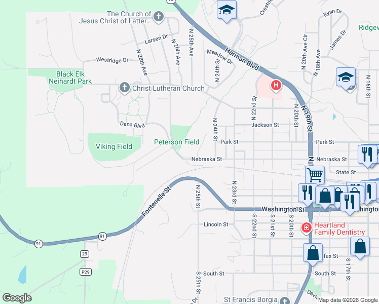 map of restaurants, bars, coffee shops, grocery stores, and more near 2639 Nebraska Street in Blair