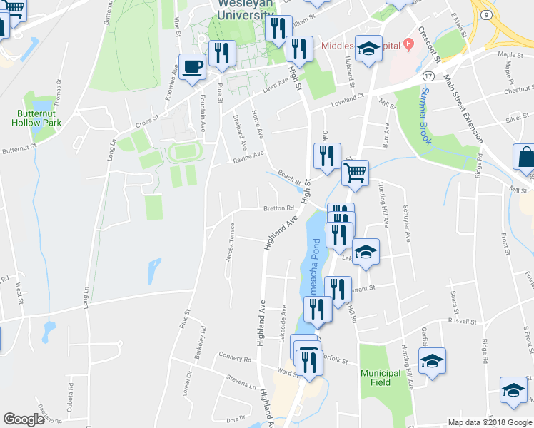 map of restaurants, bars, coffee shops, grocery stores, and more near 35 Bretton Road in Middletown