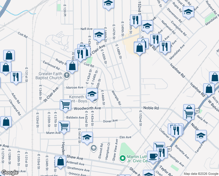 map of restaurants, bars, coffee shops, grocery stores, and more near 14700 Coit Road in Cleveland