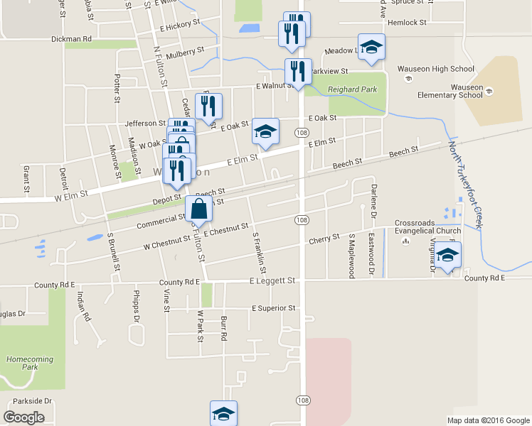 map of restaurants, bars, coffee shops, grocery stores, and more near 323 East Chestnut Street in Wauseon