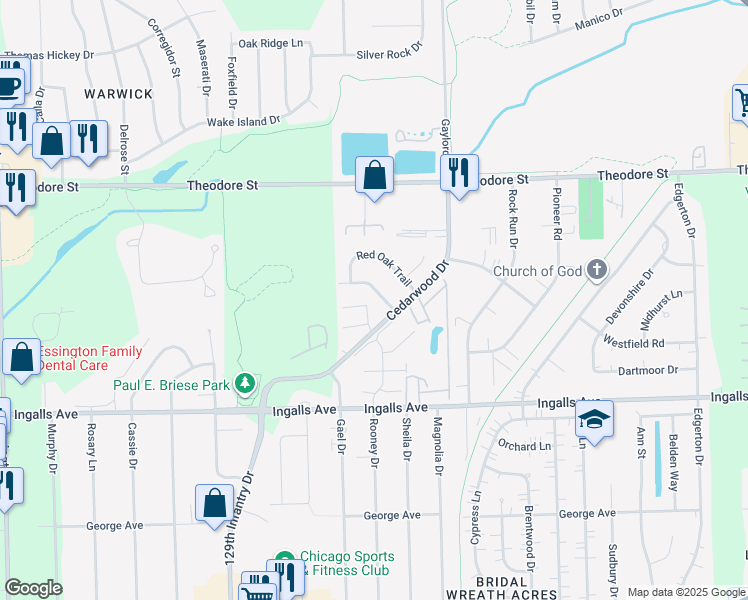 map of restaurants, bars, coffee shops, grocery stores, and more near 2501 Live Oak Drive in Crest Hill