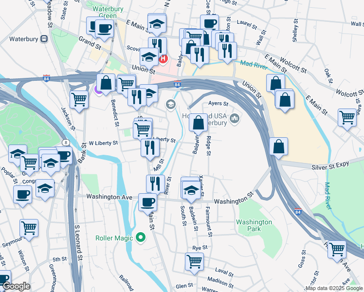 map of restaurants, bars, coffee shops, grocery stores, and more near 199 River Street in Waterbury