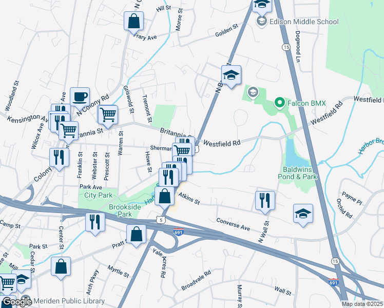 map of restaurants, bars, coffee shops, grocery stores, and more near Broad Street & Bunker Avenue in Meriden