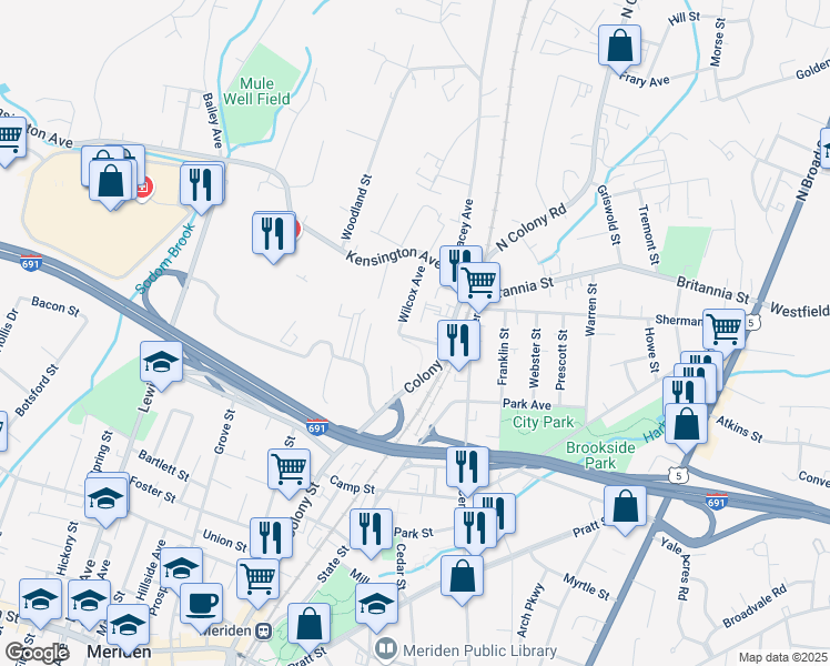 map of restaurants, bars, coffee shops, grocery stores, and more near 41 Wilcox Avenue in Meriden