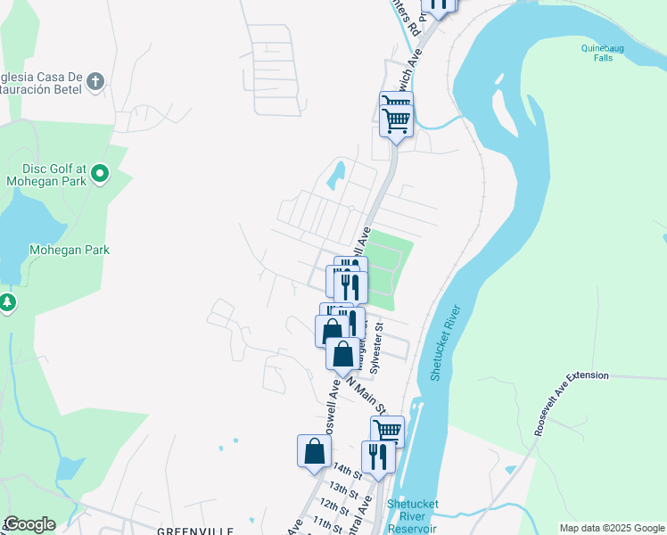 map of restaurants, bars, coffee shops, grocery stores, and more near 16 Quinebaug Road in Norwich