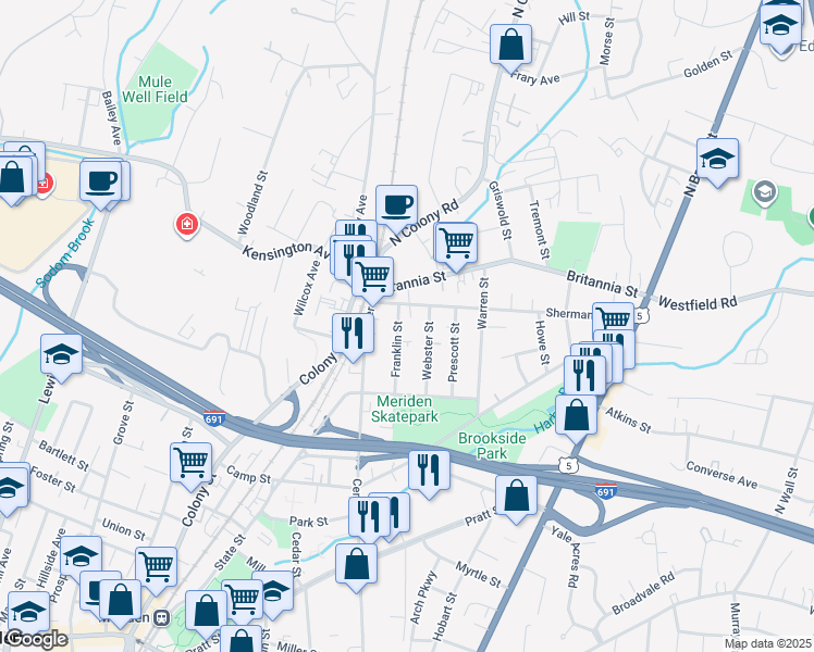 map of restaurants, bars, coffee shops, grocery stores, and more near 135 Franklin Street in Meriden