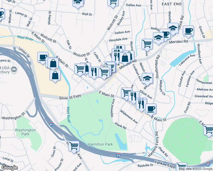 map of restaurants, bars, coffee shops, grocery stores, and more near 1485 East Main Street in Waterbury