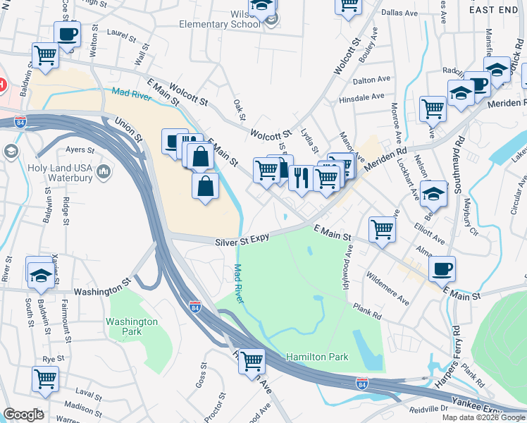 map of restaurants, bars, coffee shops, grocery stores, and more near 39 Silver Street in Waterbury