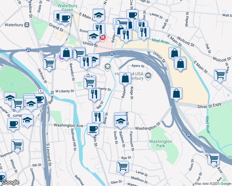 map of restaurants, bars, coffee shops, grocery stores, and more near 199 River Street in Waterbury
