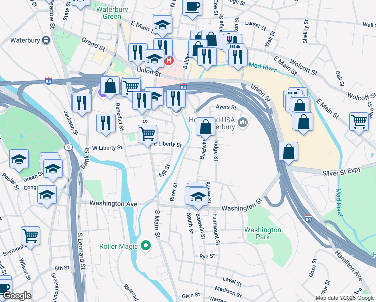 map of restaurants, bars, coffee shops, grocery stores, and more near 199 River Street in Waterbury