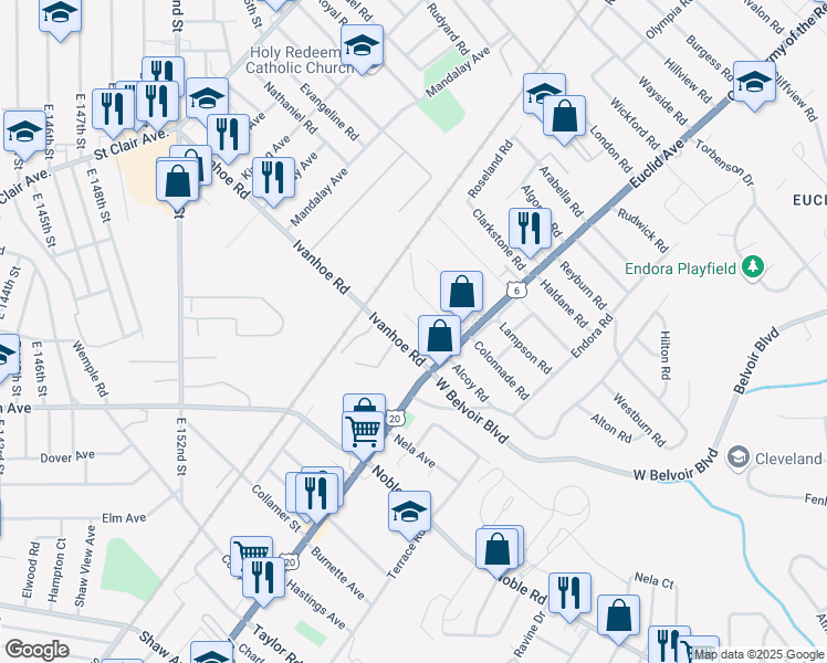 map of restaurants, bars, coffee shops, grocery stores, and more near 1761 Ivanhoe Road in Cleveland
