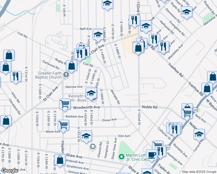 map of restaurants, bars, coffee shops, grocery stores, and more near 14700 Coit Road in Cleveland