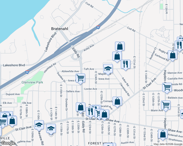 map of restaurants, bars, coffee shops, grocery stores, and more near 382 East 123rd Street in Cleveland