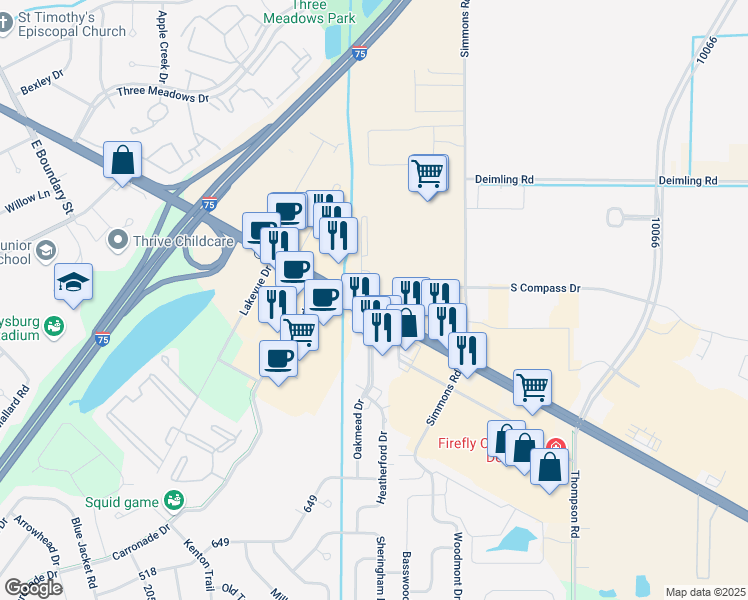 map of restaurants, bars, coffee shops, grocery stores, and more near 10540 Fremont Pike in Perrysburg