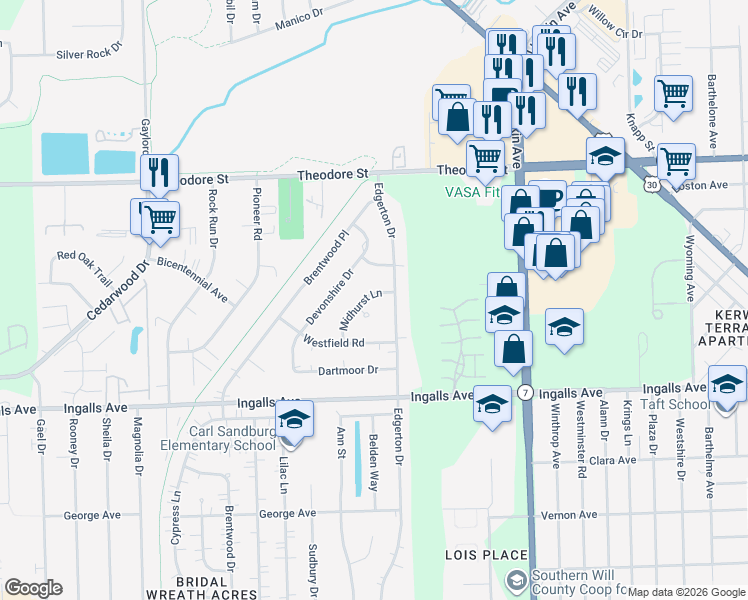 map of restaurants, bars, coffee shops, grocery stores, and more near 2018 Midhurst Court in Joliet