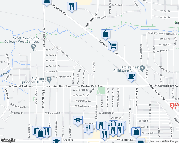 map of restaurants, bars, coffee shops, grocery stores, and more near 3206 Heatherton Drive in Davenport