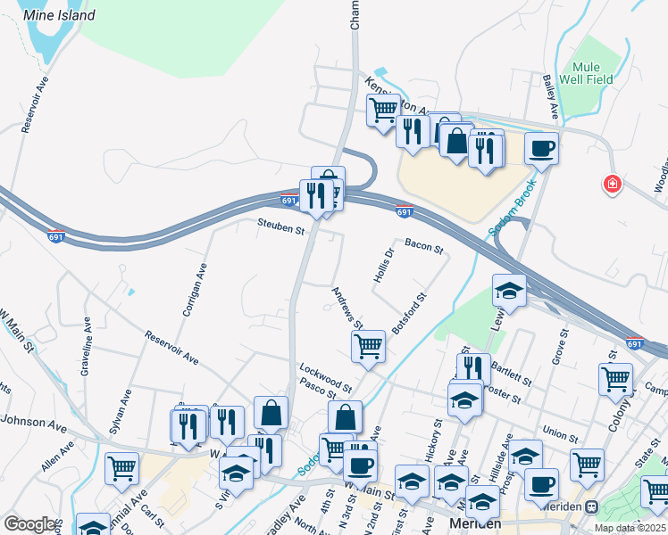 map of restaurants, bars, coffee shops, grocery stores, and more near 24 Edgewood Place in Meriden