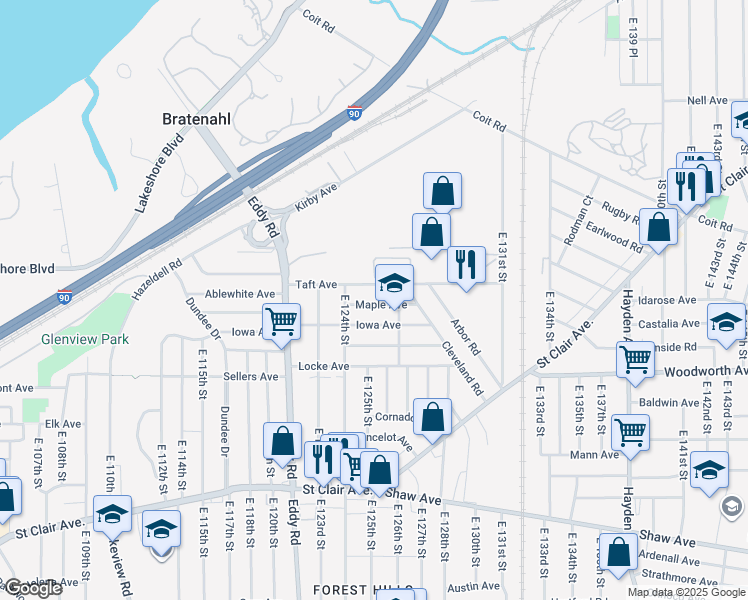 map of restaurants, bars, coffee shops, grocery stores, and more near 12510 Maple Avenue in Cleveland