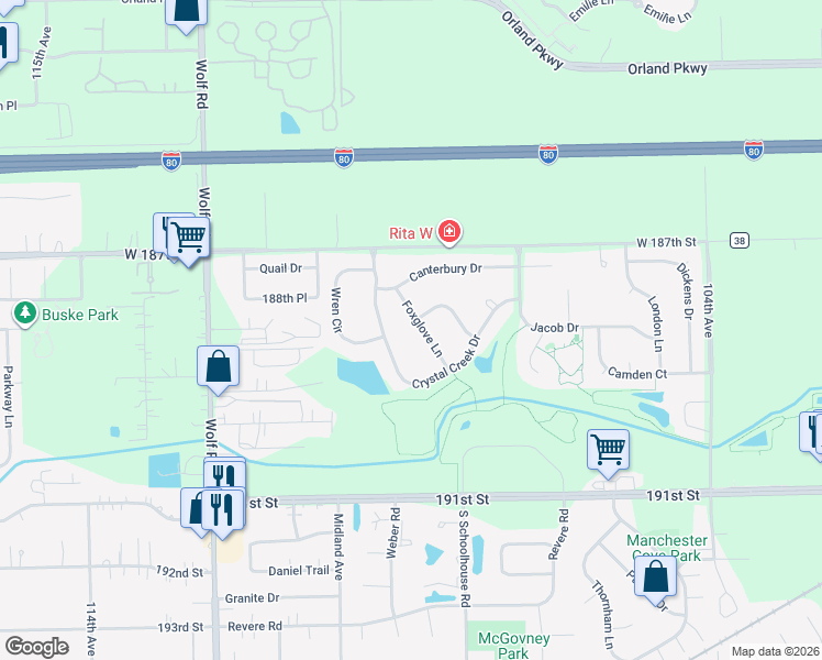map of restaurants, bars, coffee shops, grocery stores, and more near 18828 Foxglove Lane in Mokena