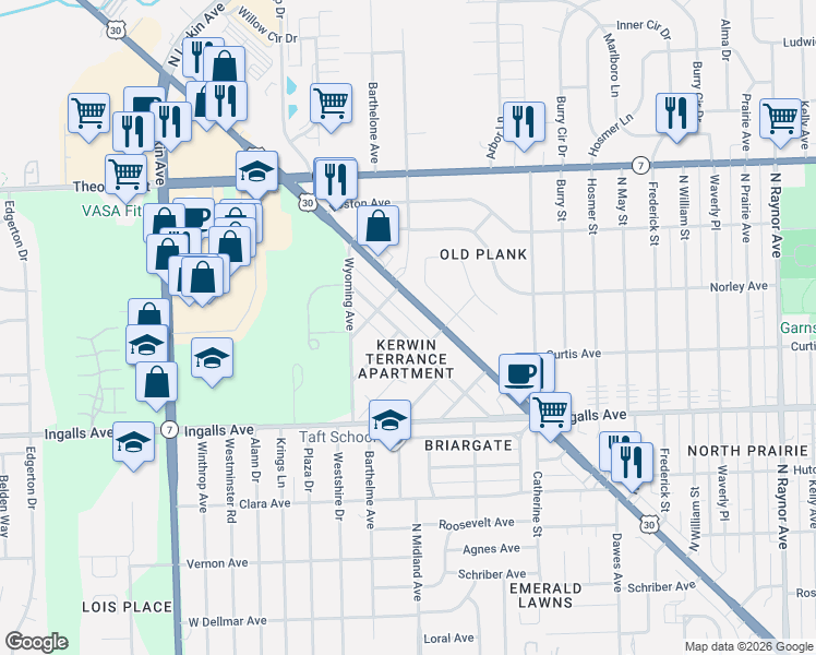 map of restaurants, bars, coffee shops, grocery stores, and more near 1405 Colorado Avenue in Joliet