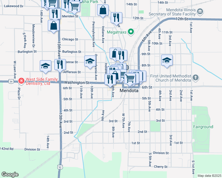 map of restaurants, bars, coffee shops, grocery stores, and more near 607 8th Avenue in Mendota